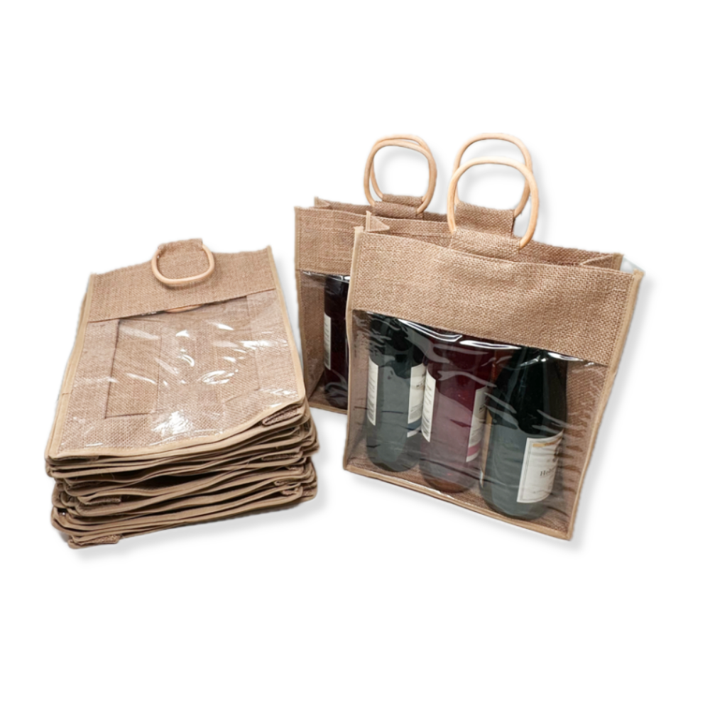 12 Pack - Jute Three Wine Handle Bag with Window 10in